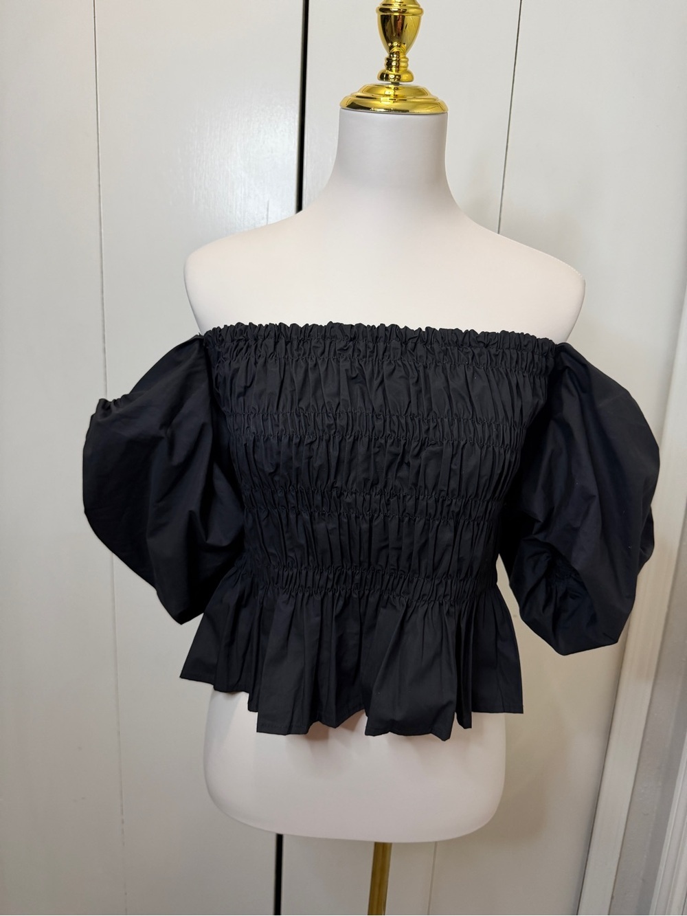 Astr Black Smocked Off-Shoulder Puff Sleeve Peplum Top - Picture 2 of 8